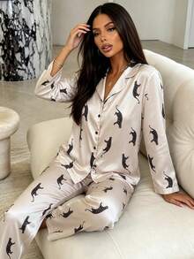 2pcs Women's Sexy Printed Long Sleeve Pajama Top + Elastic Waist Long Pants Loungewear Set - Apricot - View 5