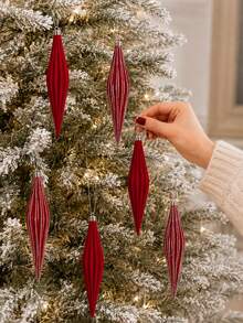 2/6/12pcs Red Icicle Christmas Hanging Ornaments, Velvet Texture Ribbed Finish With Silver Stripes, Suitable For Christmas Tree, Wreath, Garland, Fireplace And Party Decoration, Holiday Home Decor, Adult Seasonal Christmas Gift - Multicolor - View 2