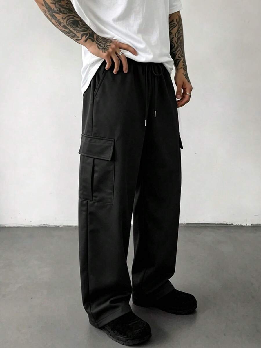 Men's Black Cargo Pants, Autumn Winter Versatile Commuter Casual Long Trousers - Black - View 1