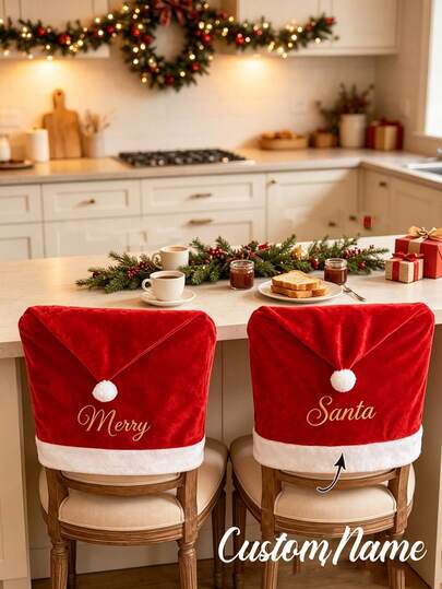 Personalized Santa Chair Cover, Customized Embroidered Christmas Dining Chair Back Cover, Holiday Table Decor, Christmas Home Gift, Customized Family Holiday Dining Decor
