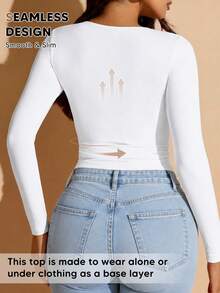 Women's White Crew Neck Long Sleeve T-Shirt, High Elasticity Fabric, Mild Shaping Waist, Regular Length Casual Spring - White - View 2