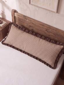 1pc Digital Printed Khaki Plaid With Matching Mocha Ruffles Long Pillowcase (Without Insert), Comfortable And Breathable Polyester Fiber Suitable For All Seasons, Used In Bedroom Settings, Home Decoration, Versatile Daily Fresh And Cute - Multicolor - View 8