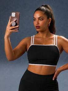 2pcs/Set Women Plus Size Seamless Contrast Color Low Support Knit Sports Bra, Suitable For Yoga, Fitness, Daily Wear - Multicolor - View 5