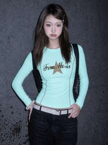 Autumn Slim Fit Round Neck Long Sleeve Women's T-Shirt, Niche Star & Letter Print Unique Mint Green Top - Mint Green - View 5