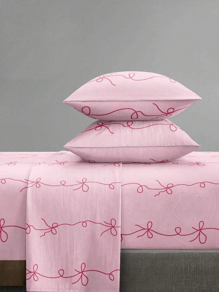 4-Piece Bohemian Geometric Vintage Floral Bedding Set, Easy Care Soft Bed Sheets, Includes 1 Flat Sheet + 1 Fitted Sheet + 2 Pillowcases, Fits King Queen Full Twin Sizes, Deep Pocket Fitted Sheet Up To 11.8 Inches - Baby Pink - View 1