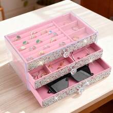 1pc 3-Layer Rhinestone Jewelry Storage Box, Multi-Function Large Capacity Jewelry Container With Drawers, Can Store Rings, Earrings, Bracelets, Necklaces - Multicolor - View 6