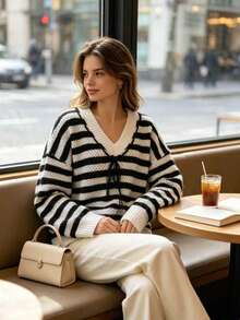 New Style Striped And Multicolored Lace V-Neck Long-Sleeved Plus Size Women's Knitted Sweater For Autumn And Winter - Multicolor - View 6