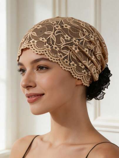 1Pc Women's Hand‑Embroidered Turban Hat, Lace Jacquard Embroidered Wrap Cap, Suitable For Women & Girls For Vacation Banquet Occasions