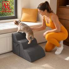 Dog Stairs For Bed, Sofa, Patio, Pet Stairs, Suitable For Extra Small And Medium Dogs, With Storage Pocket And Portable Handle, Cat And Dog Ramp With Zipper Up To 55 Lbs (Approx. 25 Kg), 3 Steps, Multiple Colors Available - Grey - View 2