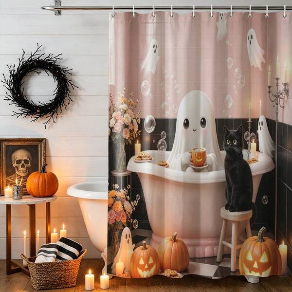 1pc Halloween Funny Ghost Pattern Bathroom Printed Shower Curtain, Abstract Vintage Shower Curtain, Polyester Fabric Shower Curtain With 12 Hooks, Suitable For Bathroom Or Bathtub Decoration