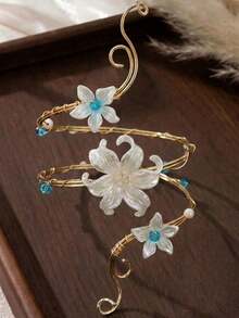 Ethereal Floral Spiral Arm Cuff, Fairy-Style Gold Flower Women's Arm Accessory, Aesthetic Jewelry - Blue Gold - View 1