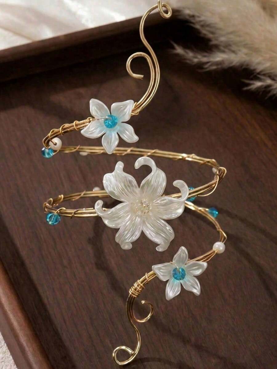 Ethereal Floral Spiral Arm Cuff, Fairy-Style Gold Flower Women's Arm Accessory, Aesthetic Jewelry - Blue Gold - View 1