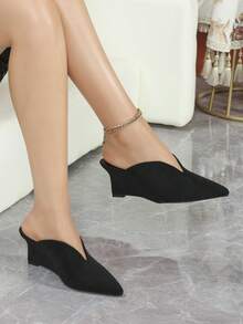 Women's Wedge Heel Pumps, Women's Black Deep Cut Slip-On Pointed Toe Wedge Heel Pumps - Black - View 5