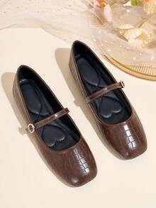 HFSHUNXY Flatjoy Chocolate Brown Crocodile Embossed Mary Jane Shoes For Women Square Toe Single Strap Low Heel Retro Preppy Commute Versatile Shoes - Brown - View 3