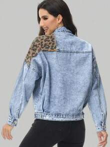 GILIPUR Women Street Style Leopard Print Contrast Patchwork Denim Jacket, Washed Ripped Flap Pockets Loose Fit Outerwear - Blue - View 11