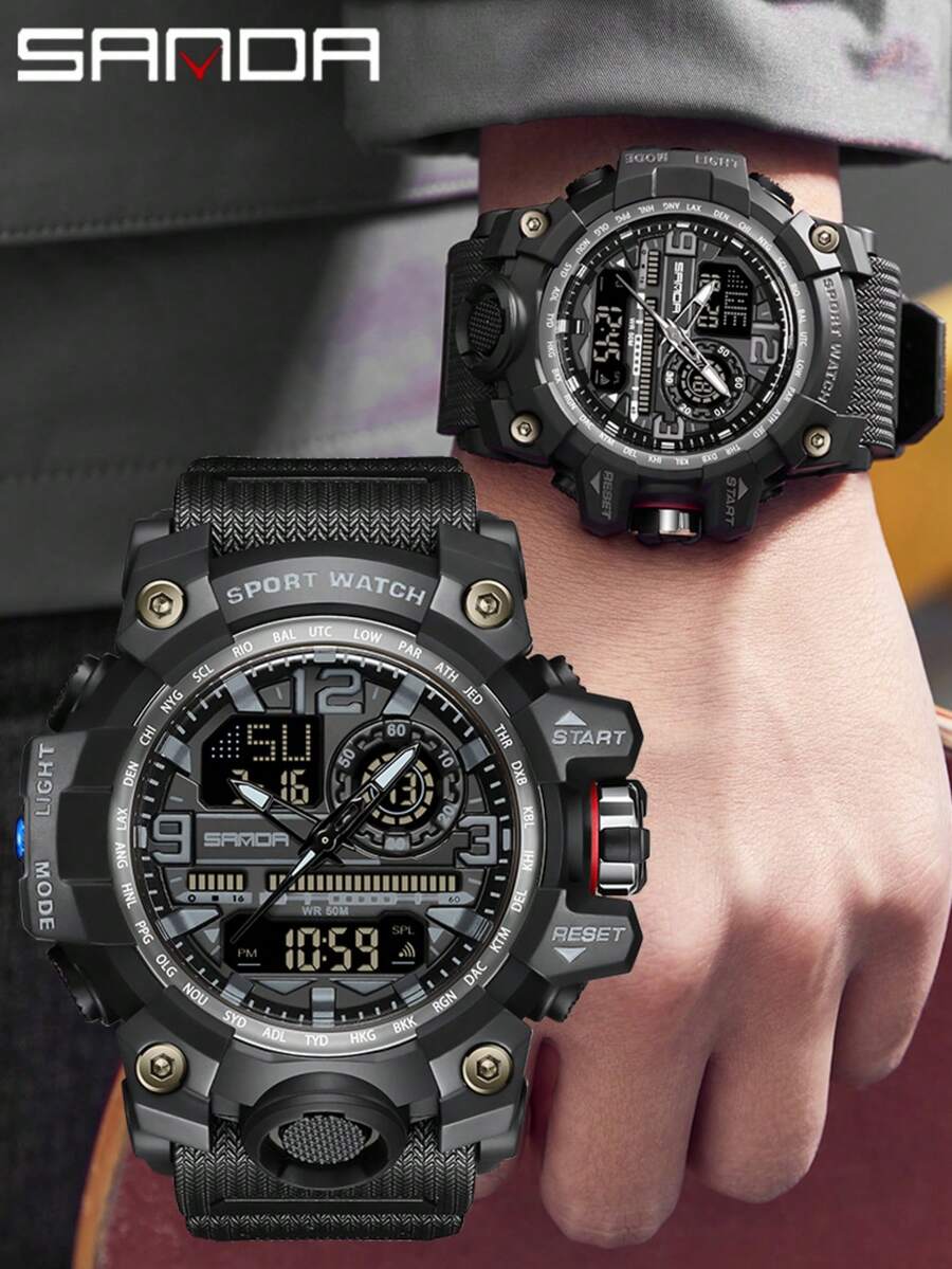 SANDA 3133 Men's Digital Analog Sports Watch 50M Waterproof Multifunction Chronograph Alarm Luminous Silicone Strap Outdoor Watch