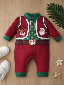 Christmas Santa & Reindeer Print Baby Long Sleeve Romper, Red & Green Colorblock Faux Belt Holiday Infant Long Crawler - Multicolor - View 11