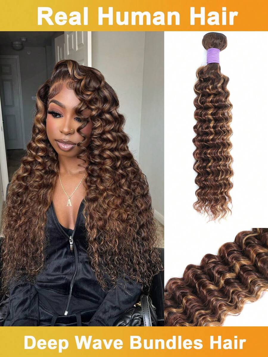 Deep Wave Bundles Human Hair 32 Inch Hair Extensions Brazilian Virgin Human Hair Bundles 4/27 Highlight Wet And Wavy Quick Weave Hair Extensions Double Weft