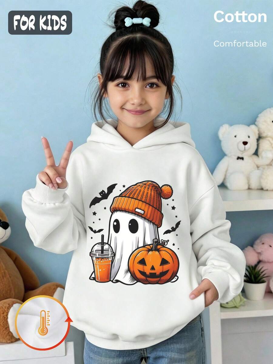 Autumn Girls Ghost Pumpkin Bat & Drink Cup Print Hoodie For Halloween - White - View 1