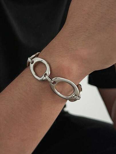 1pc Minimalist Industrial Style Large Ring Buckle Men's Bracelet, Silver Thick Chain Design, Daily Commute Gift For Boyfriend