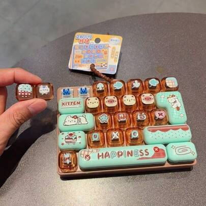 1PC Random Color New Hot-Selling Mood Cartoon Stress Relief 26-Key Mechanical Keyboard Children's Toy Keychain Backpack Pendant Birthday Gift Miniature Things Matching Keychain Stuff Clickeez Clicker Fidget Keyboard Fidget