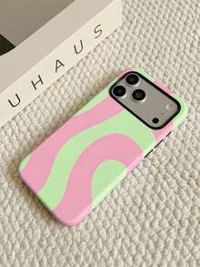 1pc Asymmetrical Wavy Element Green & Pink Color Block Wavy Pattern Phone Case, Soft Inner & Hard Outer 2-In-1 Matte Film Texture, Compatible With IPhone 11/12/12 Pro/12 Pro Max/13/13 Pro/13 Pro Max/14/14 Pro/14 Pro Max/14 Plus/15/15 Pro/15 Pro Max/15 Plus/16/16 Pro/16 Pro Max/16 Plus/17/17 Pro/17 Pro Max/Air/18 Pro/18 Pro Max - Multicolor - View 2