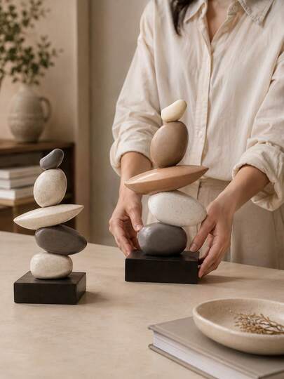 منحوتة صخرية متراصة - فن صخري متوازن تجريدي من الراتنج، تصميم عصري وأنيق، زينة مكتبية ديكورية، مناسبة للمنزل والمكتب، هدية مثالية لعيد الميلاد والتخرج والكريسماس. (رمادي وملون)