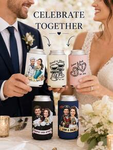 Custom Wedding Photo Can Cooler Sleeves, Personalized With Couple Photos, Names And Custom Text, Practical Drink Sleeves For Wedding Receptions And Bridal Events, Unique Guest Favors, Fun Keepsakes To Commemorate Your Unforgettable Big Wedding Day. - Multicolor - View 10
