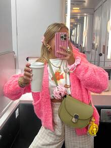 Women's Pink Loose Cardigan Jacket, Autumn/Winter Fashion Casual Long Sleeve Front Open Knit Sweater, Soft Solid Color Coat - Pink - View 1
