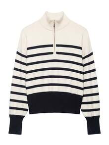 DEEKA Autumn/Winter New Women's European And American Style Fashion Minimalist Versatile Zipper Striped Knit Sweater Pullover - Beige - View 2