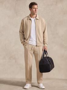 Courvante Men's Solid Color Zip Front Jacket & Drawstring Pants Casual Suit,Khaki Autumn Work Outfit,Beige Old Money Style Co Ord,Earthy Relaxed Daily Leisure Fall Long Sleeve - Khaki - View 2