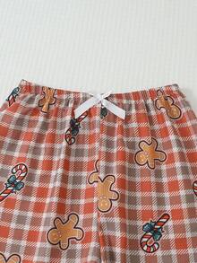 2pcs Comfortable Christmas Gingerbread Man Print Long Sleeve Collared Top And Bow Leggings Women's Pajama Set - Khaki - View 6