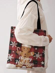 1pc Christmas Plaid Print Print Shoulder Tote,Large Capacity For Books,Groceries & Daily Beach Travel School Use.For Students, Great Daily Bag Or Gift - Red - View 1