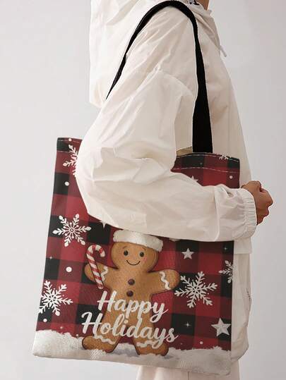 1pc Christmas Plaid Print Print Shoulder Tote,Large Capacity For Books,Groceries & Daily Beach Travel School Use.For Students, Great Daily Bag Or Gift