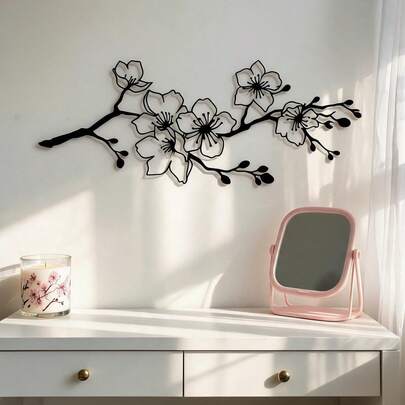1pc Black Cherry Blossom Branch Metal Wall Art - Modern Minimalist Iron Floral Decor, Powder Coated Weather-Resistant Indoor/Outdoor Wall Sculpture For Living Room, Garden Patio, Interior And Exterior Decoration