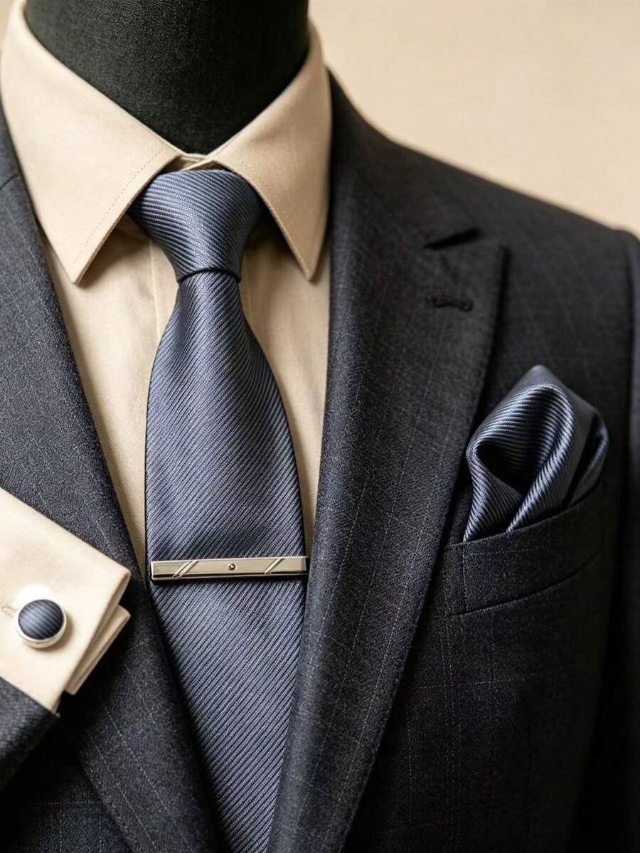 1 Set Premium Tie, Pocket Square, Cufflinks, Tie Clip 4-Piece Gift Box Set Suitable For Business, Casual, Banquet, Wedding Gift - Silver-gray - View 1