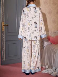 Gongdie 2 Pieces Snoopy Women's Pajama Set,Spring Fall White Silk Soft Loungewear With Light Blue Polka Dot Contrast Trim And Peanuts Characters Print - White - View 6