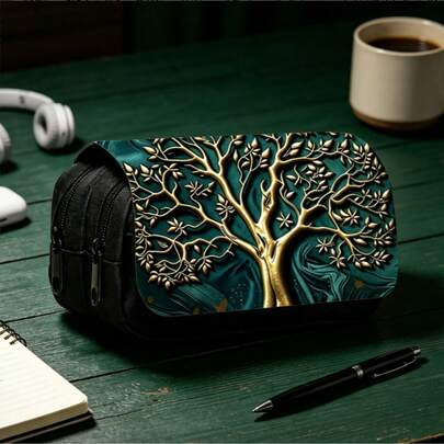 Celtic Golden Tree Of Life Print Large Capacity Pencil Case, Zipper Closure Stationery Bag, Vintage Aesthetic Pencil Pouch For School Office Daily Use