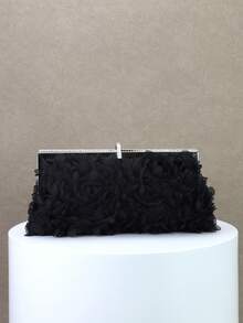 Dedoo Women's Evening Clutch Bag, Rectangular Hard Frame, 3D Petal Floral Pattern, Rhinestone Trim, Elegant Gothic Glamour Style, Suitable For Cocktail Parties, Banquets, Balls - Black - View 5