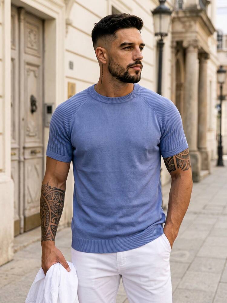 Lookun Kaos Kasual Longgar Rajut Lengan Pendek Kerah Bulat Pria, Musim Semi/Panas - Biru - View 1