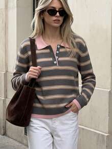 BYGOUBY Women's Spring/Autumn Polo Collar Knitted Cardigan, Fashion Striped Casual Sweater Top, Soft And Comfortable - Pink - View 4
