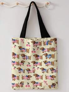 1pc All‑Over Puppy Print Canvas Tote Bag, Large Capacity Hand‑Held Shoulder Bag,Reusable Shopping Bag For Music Festival Party Daily Packing Books - Multicolor - View 6