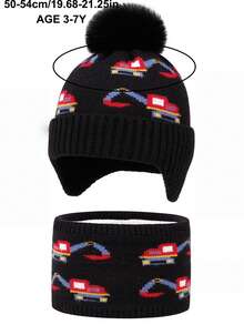 Kids Hat & Scarf Set, Boys Winter Thermal Lined Earflap Beanie, Windproof Warm Baby Pullover Cap, - Excavator 2-piece Set - View 3