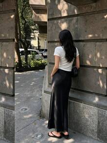 1件纯色休闲优雅腰部拉链A字裙，日常穿着，夏季黑色 - 黑色 - 查看 5