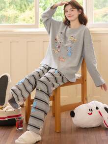 2pcs/Set Women's Pajamas Loungewear Set, Cute Animal Print Pullover Round Neck Casual Long Sleeve Cropped Pants, Comfortable For Home Wear - Grey - View 3
