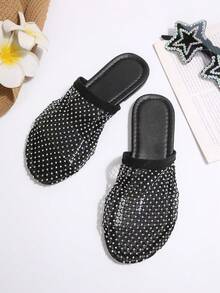 Summer New Niche Minimalist Hollow Rhinestone Flat Slide Sandals For Women, Fashionable Slip-On Mesh Breathable Closed-Toe Half-Slippers - Black - View 4