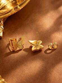 1 Set Elegant Butterfly-Shaped Stainless Steel Stud Earrings For Women, Suitable For Daily Wear/Vacation Travel/Party Dating - Yellow Gold - View 9