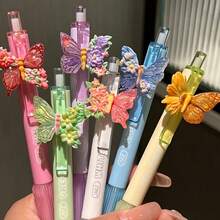 6/12pcs Macaron Color Butterfly Decor Click Neutral Pens, 3D Butterfly Flower Ornament, Playful Eye-Catching Macaron Gradient Pen Body For Writing - Multicolor - View 7