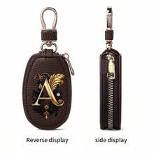 Litchi Pattern Key Bag -Black Gold Letters A-Z Car Key Protection Cover,PU Key Storage Clip,Zipper Bag,Car Key Storage Device,Car Keychain,Unisex Gift - Multicolor - View 6
