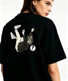 1 Casual T-Shirt, 100% Cotton, Loose Fit, With A Cartoon Exclamation Point Graphic Print On The Back, Perfect For Streetwear, - Black - View 1